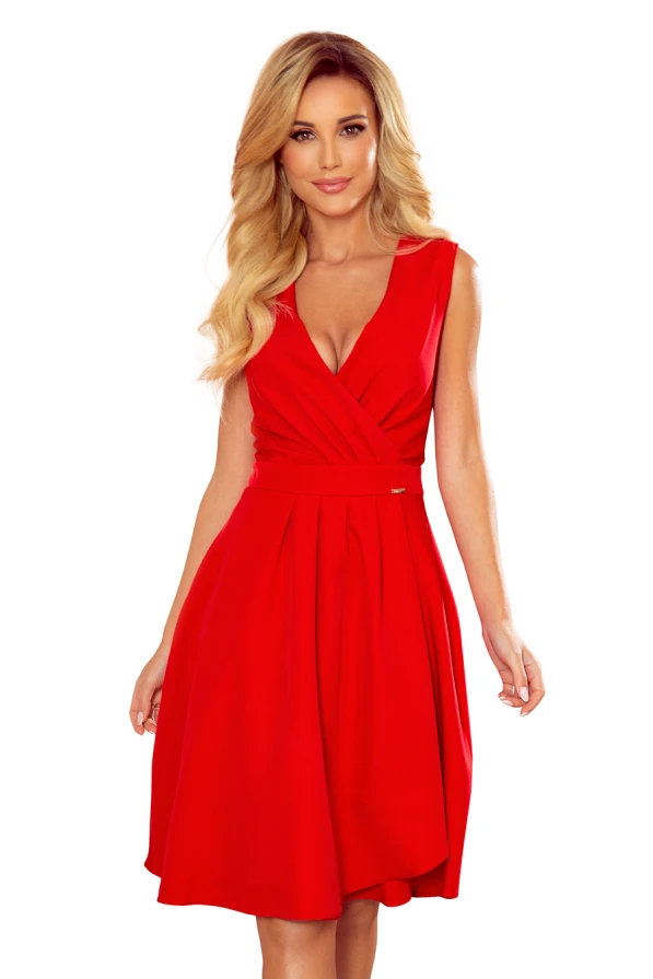 338-1 ELLENA elegant dress with a neckline and pleats - red