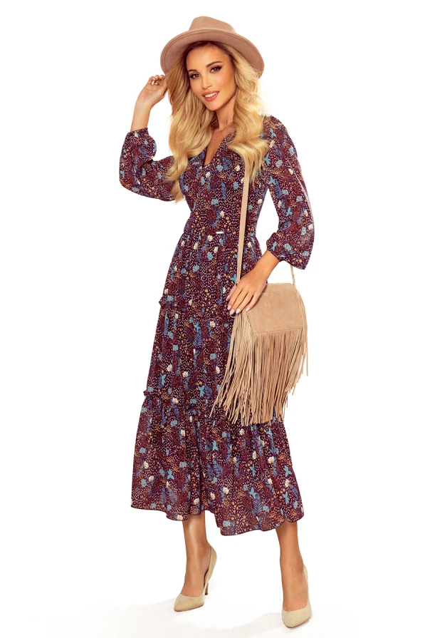 346-2 TERESA Chiffon midi dress - blue-brown leaves