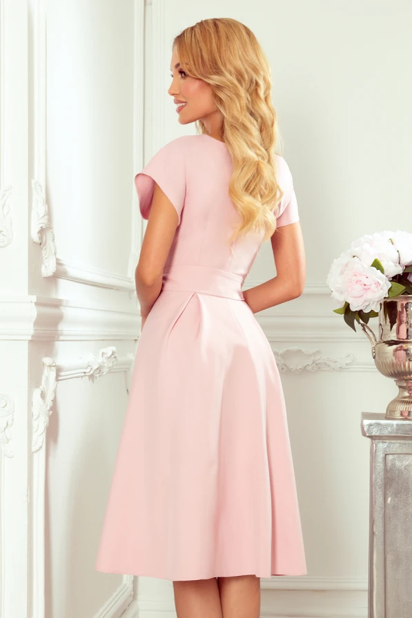 348-1 SCARLETT - flared dress with a neckline - powder pink