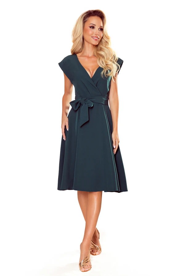 348-2 SCARLETT - flared dress with a neckline - green