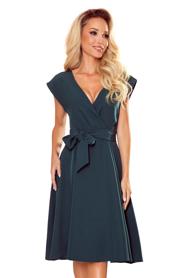 348-2 SCARLETT - flared dress with a neckline - green