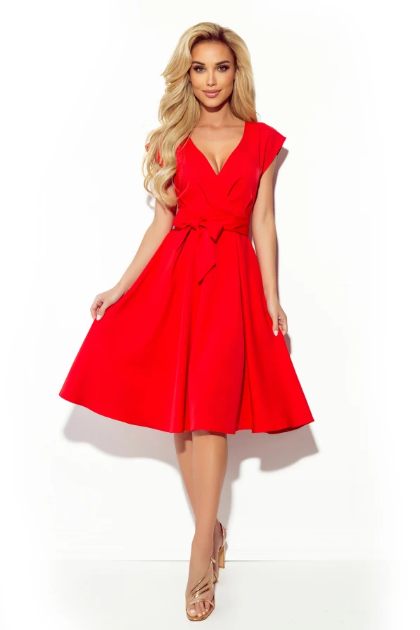 A vibrant red, flared dress with a deep V-neckline and a tied waist belt, perfect for elegant occasions. The dress features cap sleeves and a flowing skirt that adds a touch of sophistication.