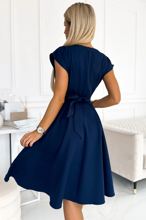 348-6 SCARLETT - flared dress with a neckline - dark blue