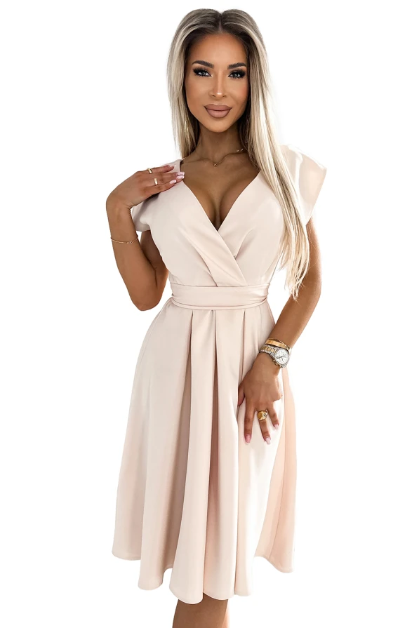 SCARLETT - flared dress with a neckline - beige colour