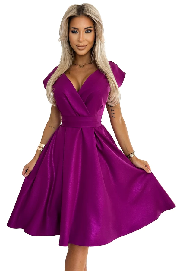 A vibrant, fuchsia A-line dress with a flattering V-neckline and cap sleeves, featuring a fitted waist that accentuates the silhouette. The dress has a smooth, flowing skirt that adds elegance and movement.