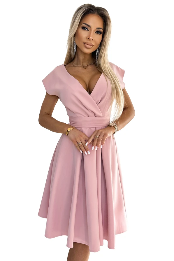 SCARLETT flared dress with a neckline - powder pink