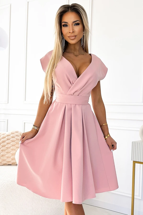 SCARLETT flared dress with a neckline - powder pink