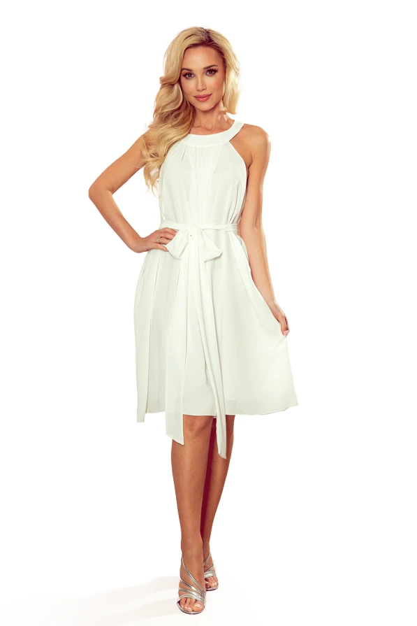 350-1 ALIZEE - chiffon dress with a binding - ECRU