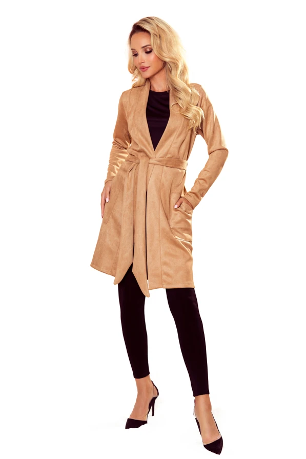 354-2 Suede coat with pockets and belt - beige