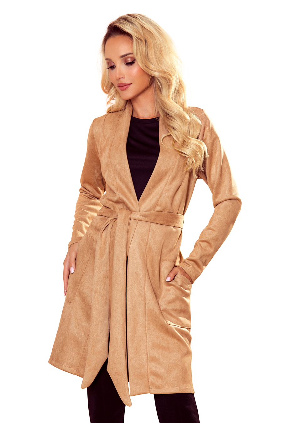 354-2 Suede coat with pockets and belt - beige