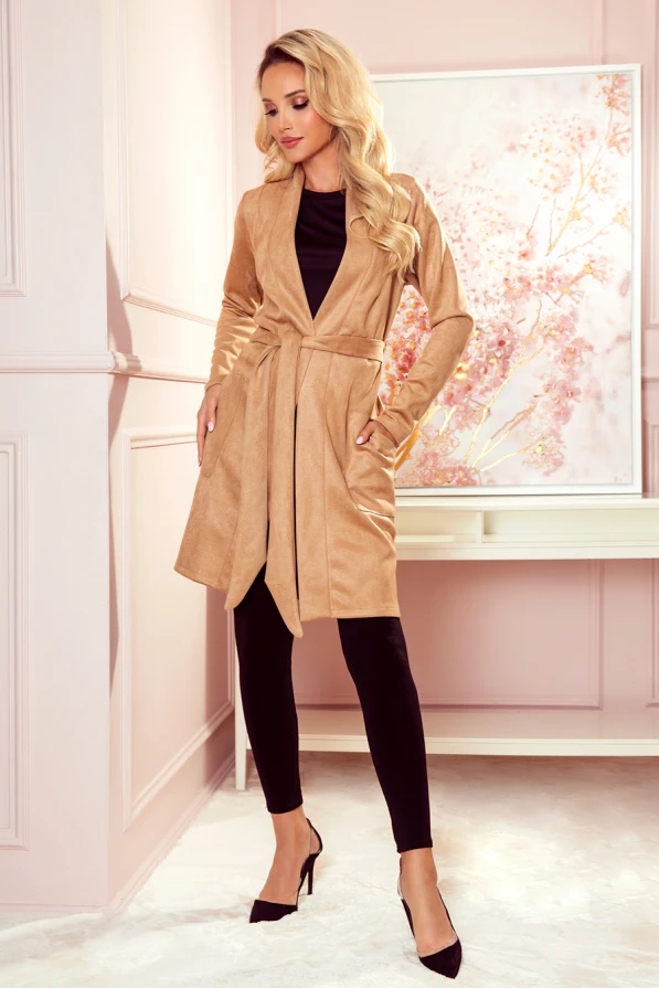 354-2 Suede coat with pockets and belt - beige