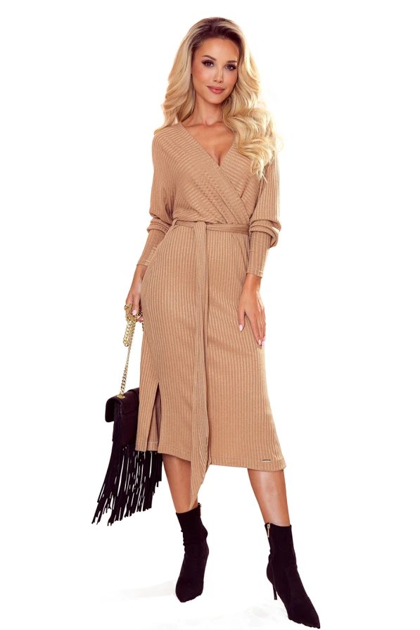 356-1 Wrap sweater dress with a binding - beige stripes