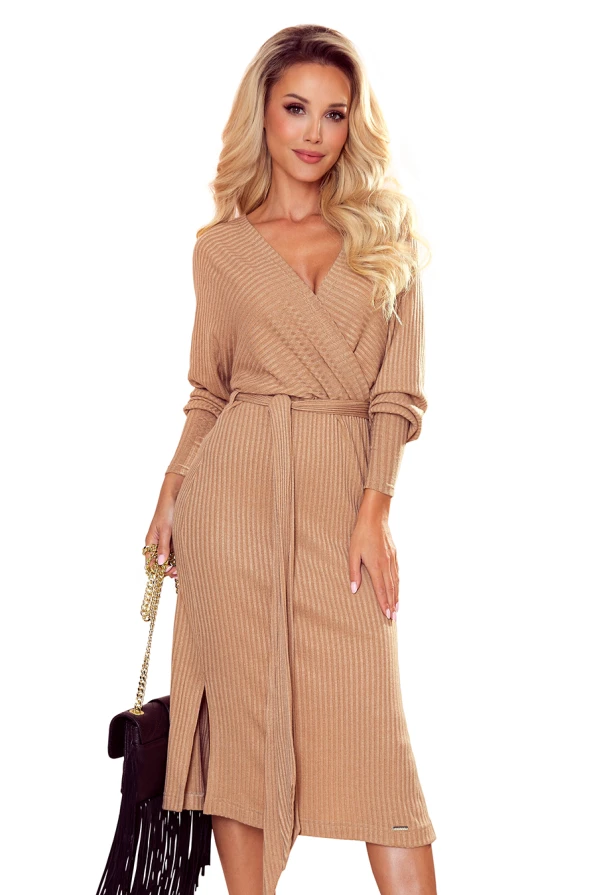 356-1 Wrap sweater dress with a binding - beige stripes