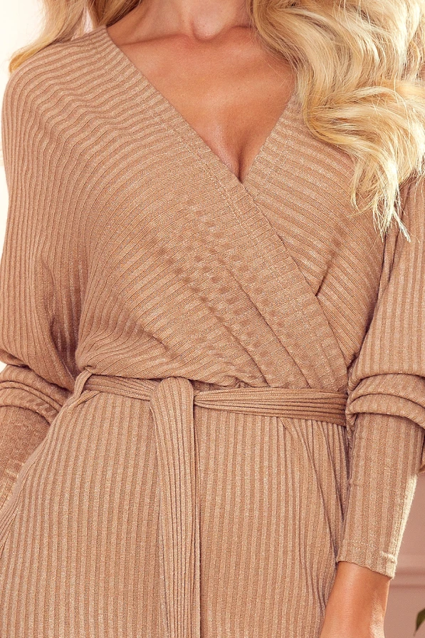 356-1 Wrap sweater dress with a binding - beige stripes