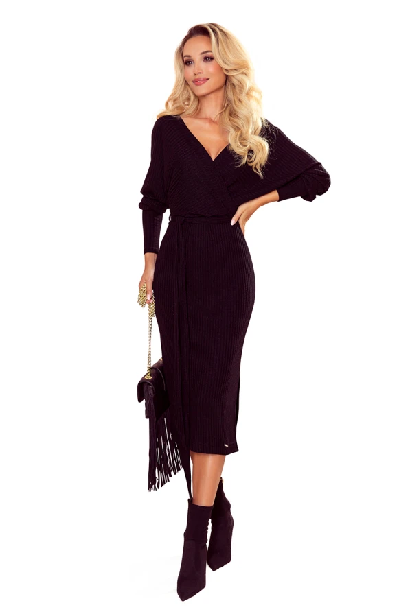 356-3 Wrap sweater dress with a binding - black stripes