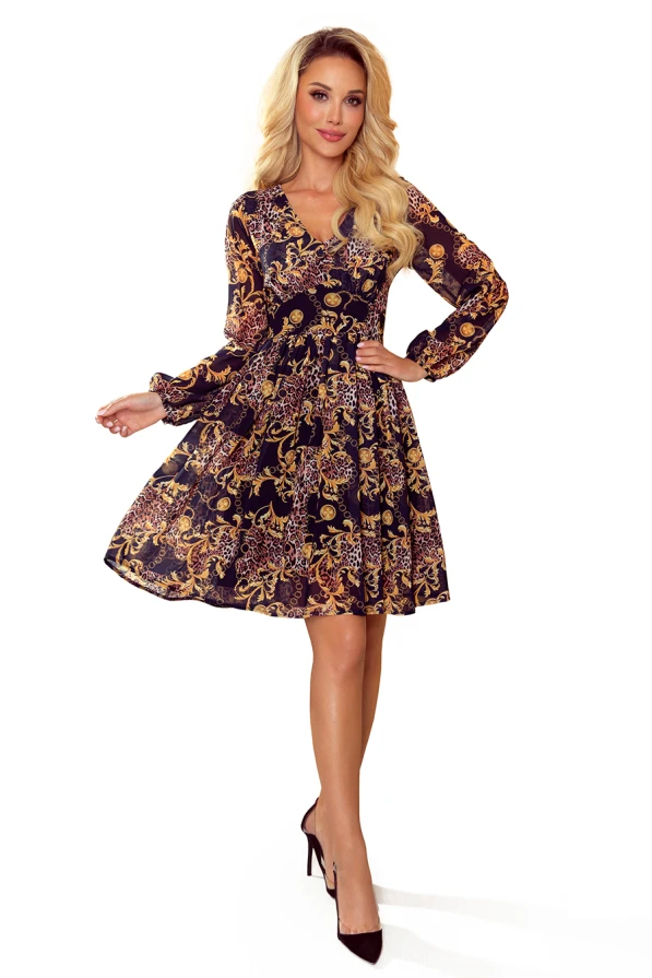 357-3 Chiffon dress with a neckline and a tie on the back - leopard print + roses