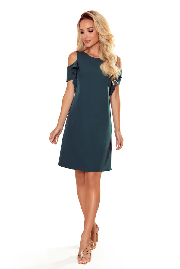 359-2 A trapezoidal dress with frills on the shoulders - green