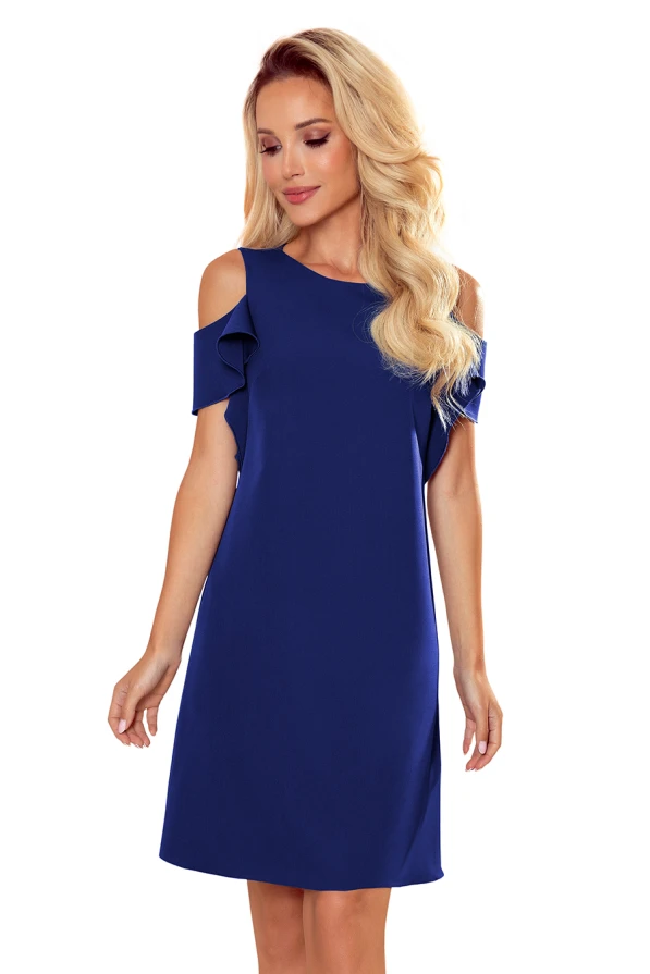 359-3 A trapezoidal dress with frills on the shoulders - royal blue