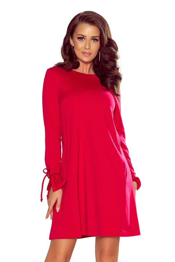 361-1 Trapezoidal dress with bows on the sleeves - red