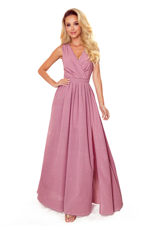 362-1 JUSTINE Long dress with a neckline and a tie - powder pink with glitter