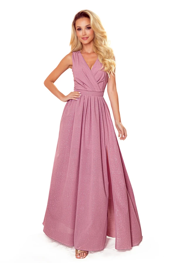 A long, elegant pink dress with a shimmering fabric and a flattering V-neckline. The gown features a fitted waist and a flowing skirt, perfect for formal occasions.