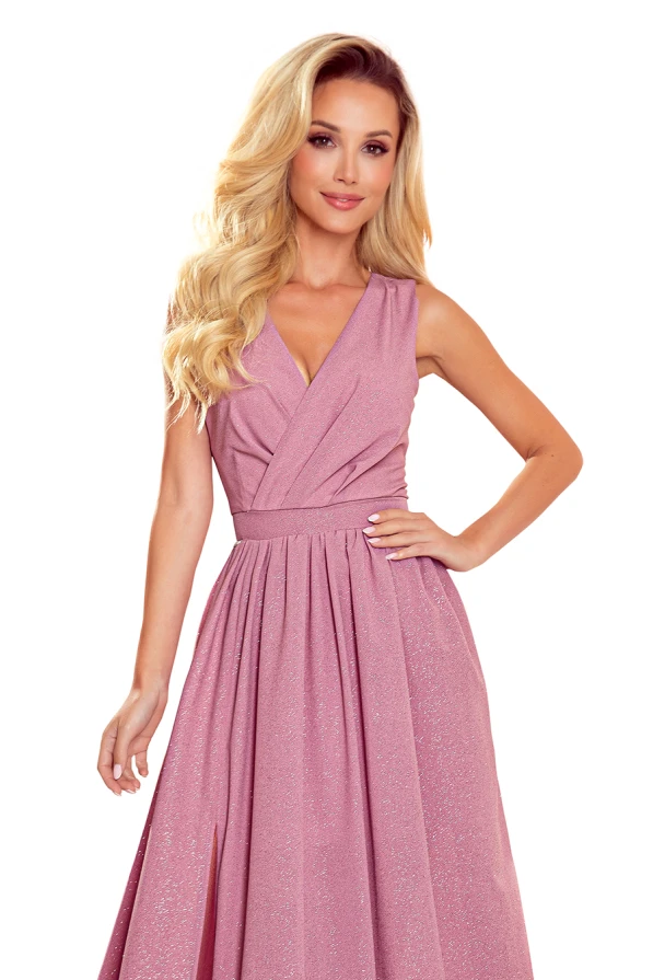 362-1 JUSTINE Long dress with a neckline and a tie - powder pink with glitter