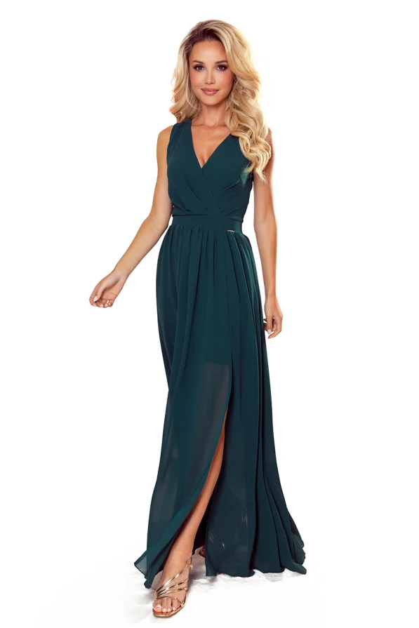 362-2 JUSTINE Long dress with a neckline and a tie - green