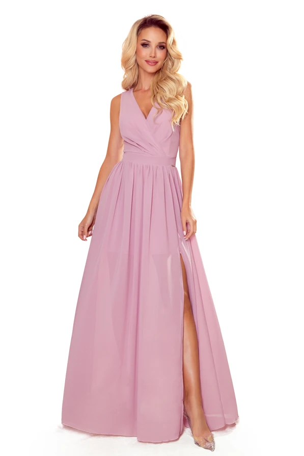 362-3 JUSTINE Long dress with a neckline and a tie - dirty pink