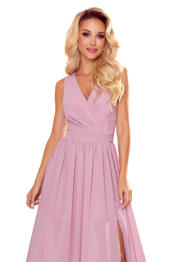 362-3 JUSTINE Long dress with a neckline and a tie - dirty pink