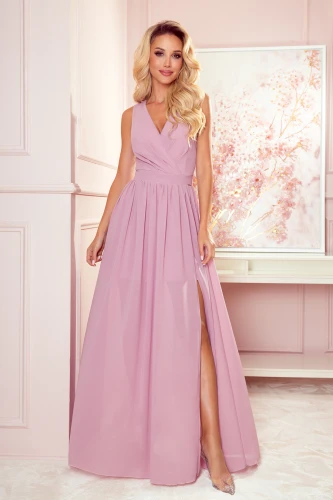 362-3 JUSTINE Long dress with a neckline and a tie - dirty pink