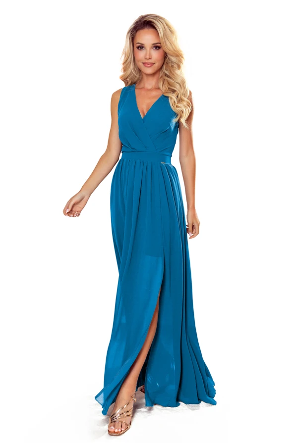 362-4 JUSTINE Long dress with a neckline and a tie - blue