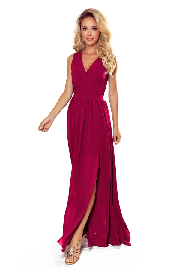 362-5 JUSTINE Long dress with a neckline and a tie - Burgundy color