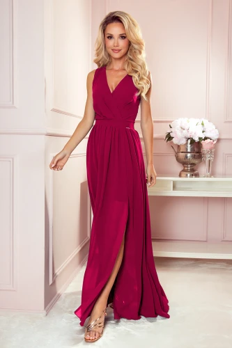 362-5 JUSTINE Long dress with a neckline and a tie - Burgundy color