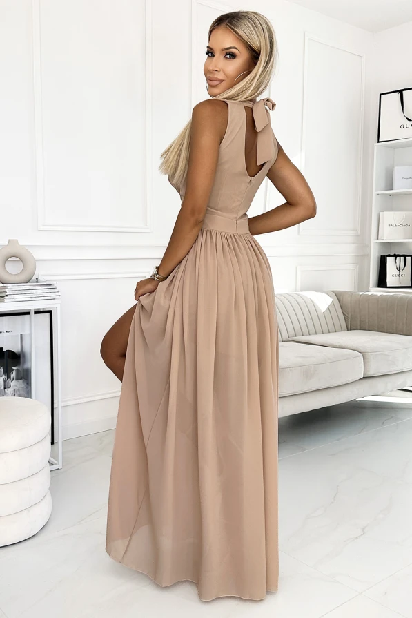 362-6 JUSTINE Long dress with a neckline and a tie - beige