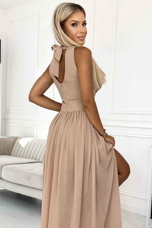 362-6 JUSTINE Long dress with a neckline and a tie - beige