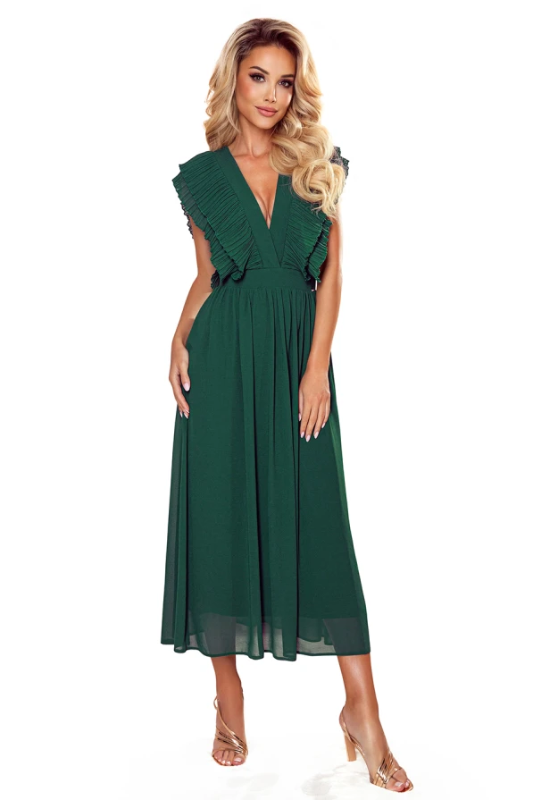 367-1 YANA Midi dress with pleated frills and a neckline - green