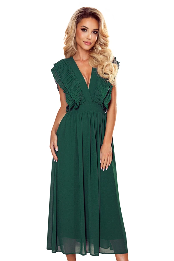 367-1 YANA Midi dress with pleated frills and a neckline - green