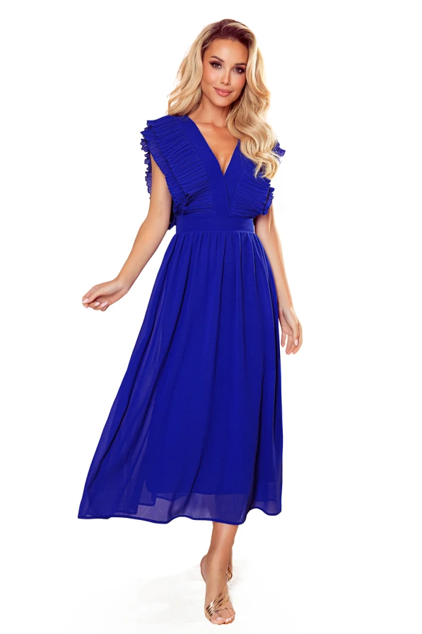 367-2 YANA Midi dress with pleated frills and a neckline - royal blue