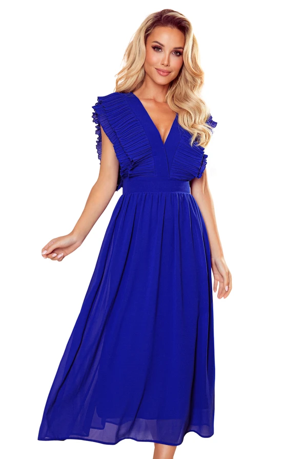 367-2 YANA Midi dress with pleated frills and a neckline - royal blue