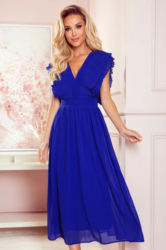 367-2 YANA Midi dress with pleated frills and a neckline - royal blue