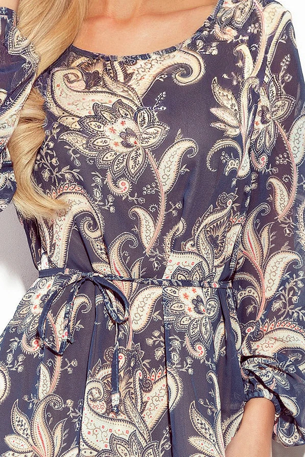 373-1 HANNAH chiffon dress with a neckline at the back - blue boho pattern