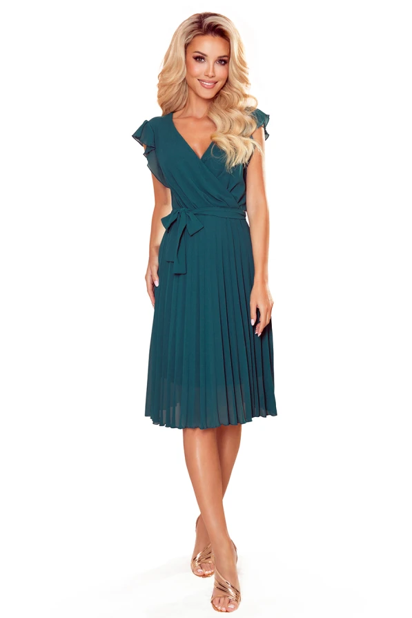 374-1 POLINA Pleated dress with a neckline and frills - green
