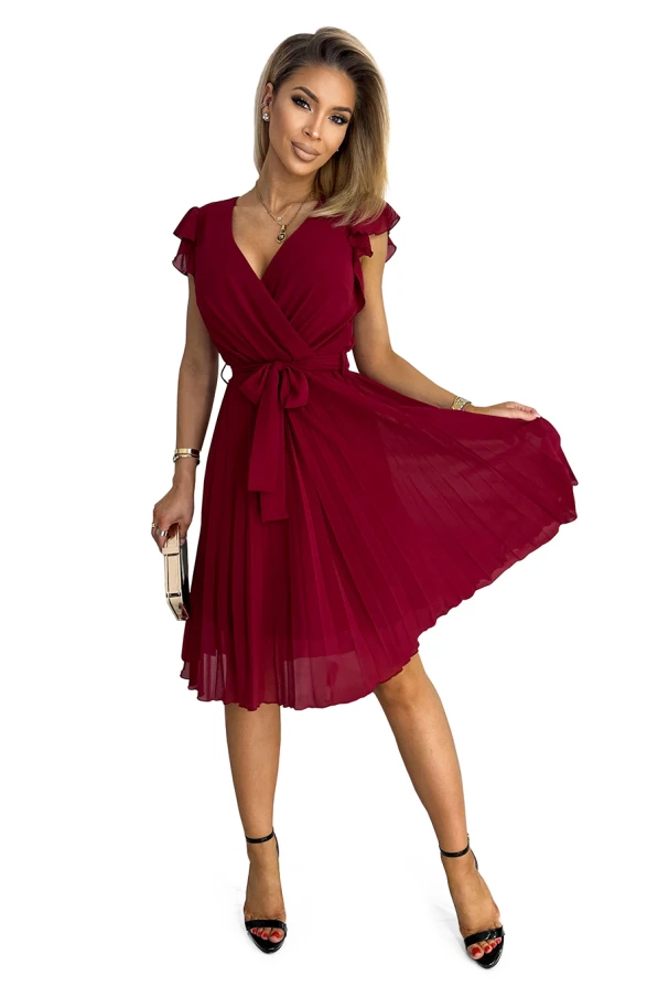 374-2 POLINA Pleated dress with a neckline and frills - Burgundy color