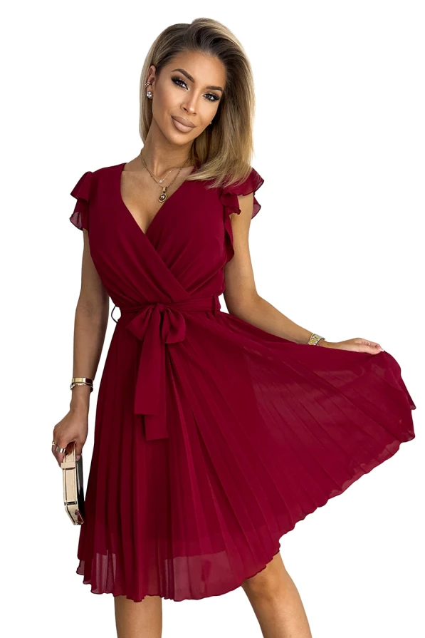 374-2 POLINA Pleated dress with a neckline and frills - Burgundy color