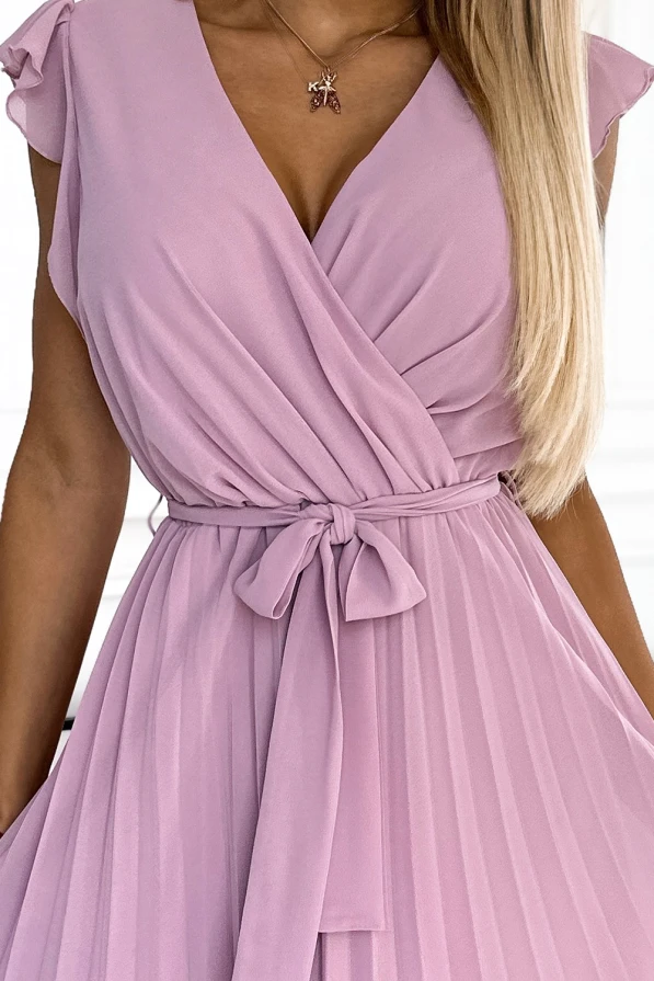 374-3 POLINA Pleated dress with a neckline and frills - dirty pink