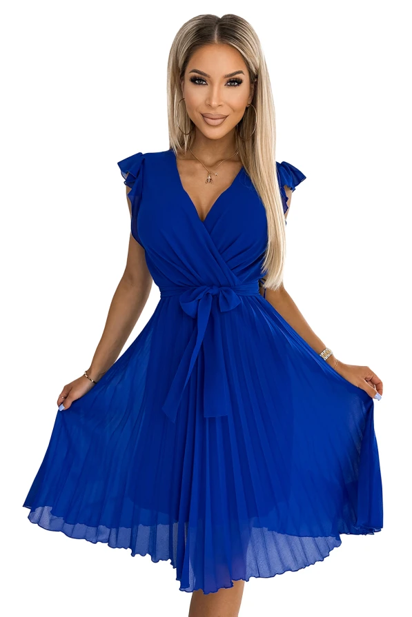 374-4 POLINA Pleated dress with a neckline and frills - royal blue