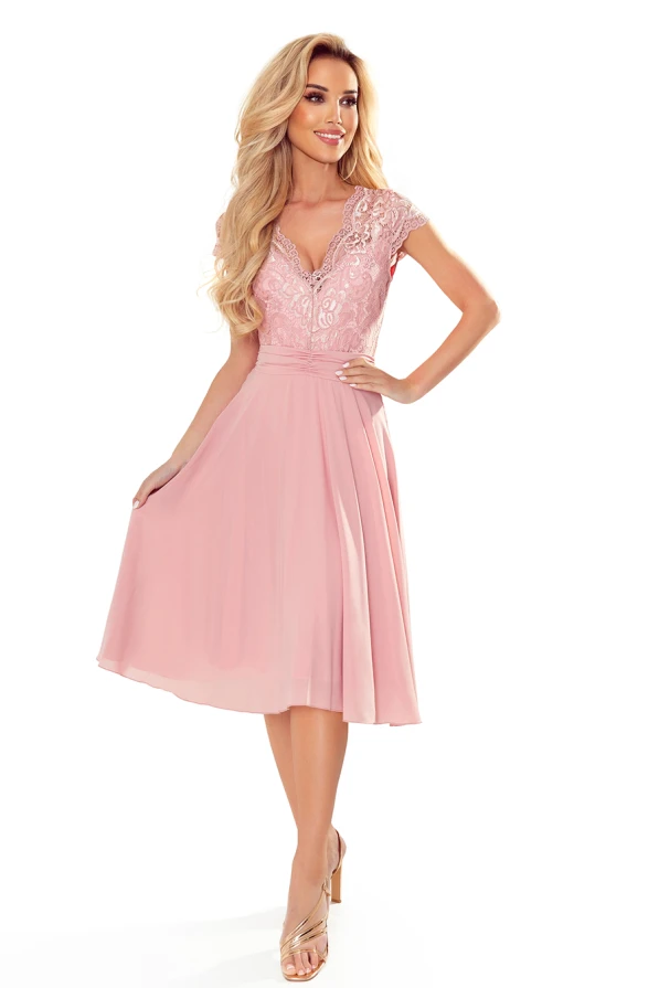 381-1 LINDA - chiffon dress with lace neckline - dirty pink