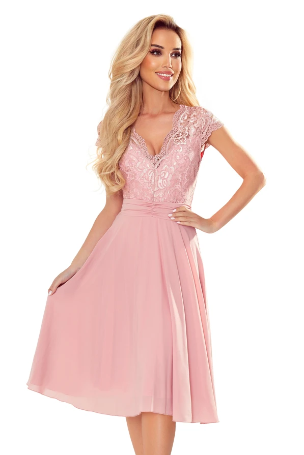 381-1 LINDA - chiffon dress with lace neckline - dirty pink