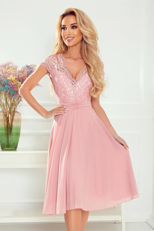 381-1 LINDA - chiffon dress with lace neckline - dirty pink