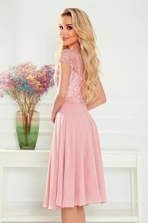 381-1 LINDA - chiffon dress with lace neckline - dirty pink